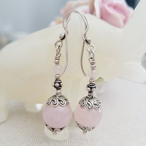 Sterling silver rose quartz ornate dangle earrings